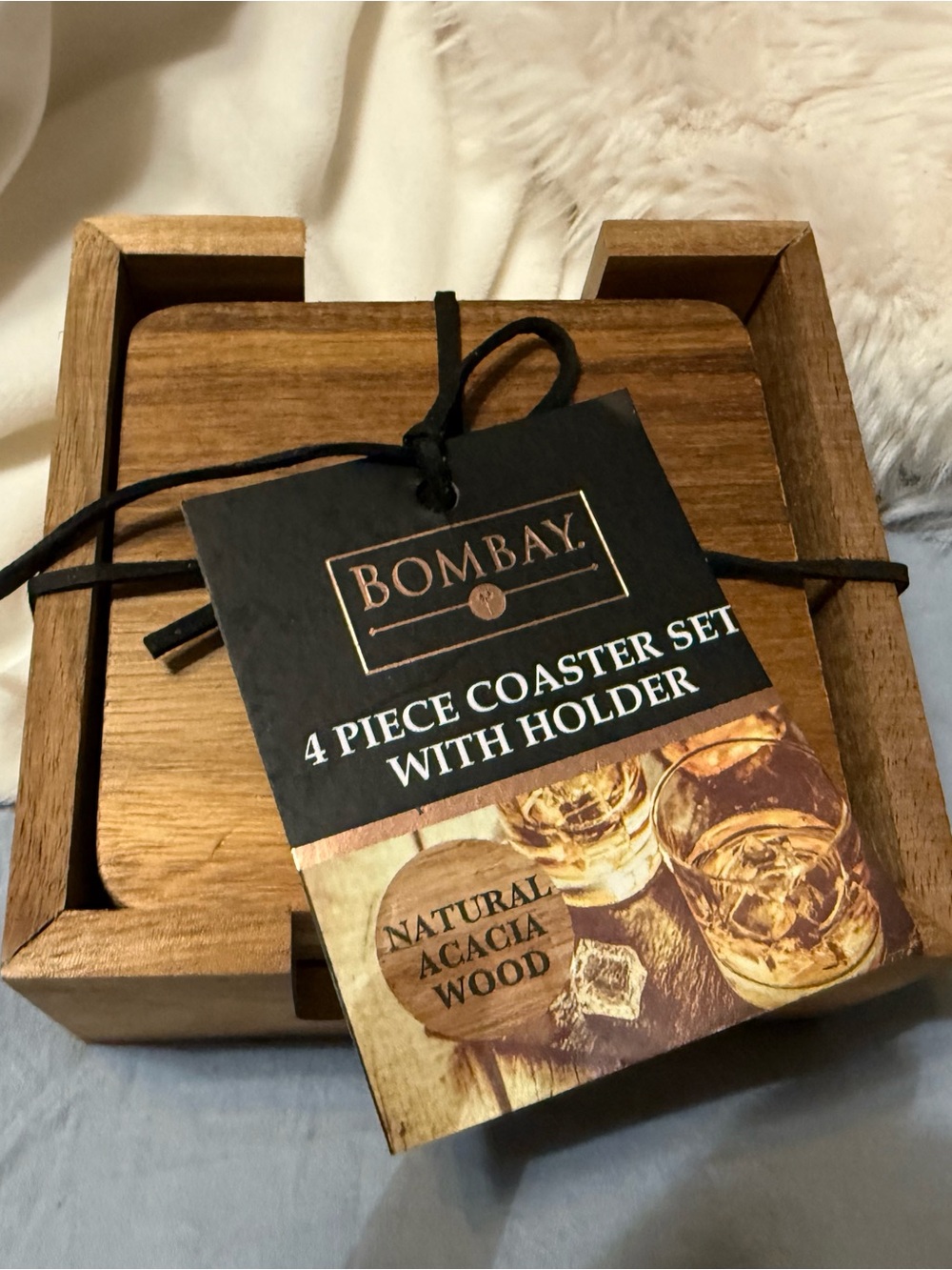 Bombay Brown Acacia Wood 4-Piece Coaster Set with Holder